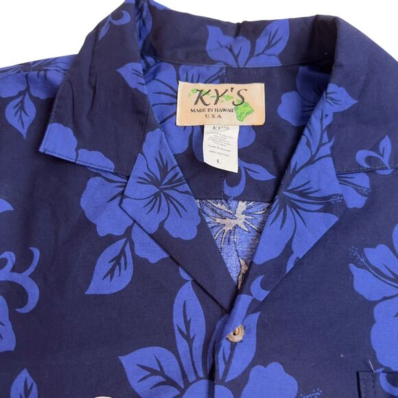 KY's Men’s Hawaii Beer Shirt Size L Button Down Short Sleeve Pocket Blue - Picture 2 of 8